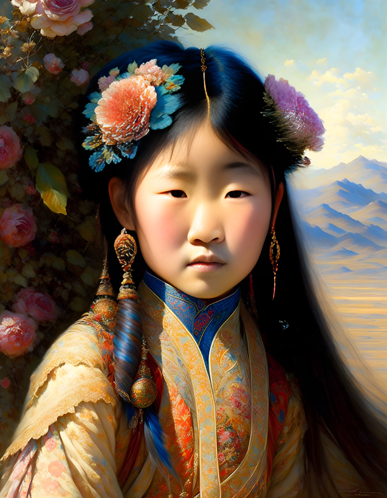 Portrait of girl with long black hair in traditional attire against floral mountain backdrop