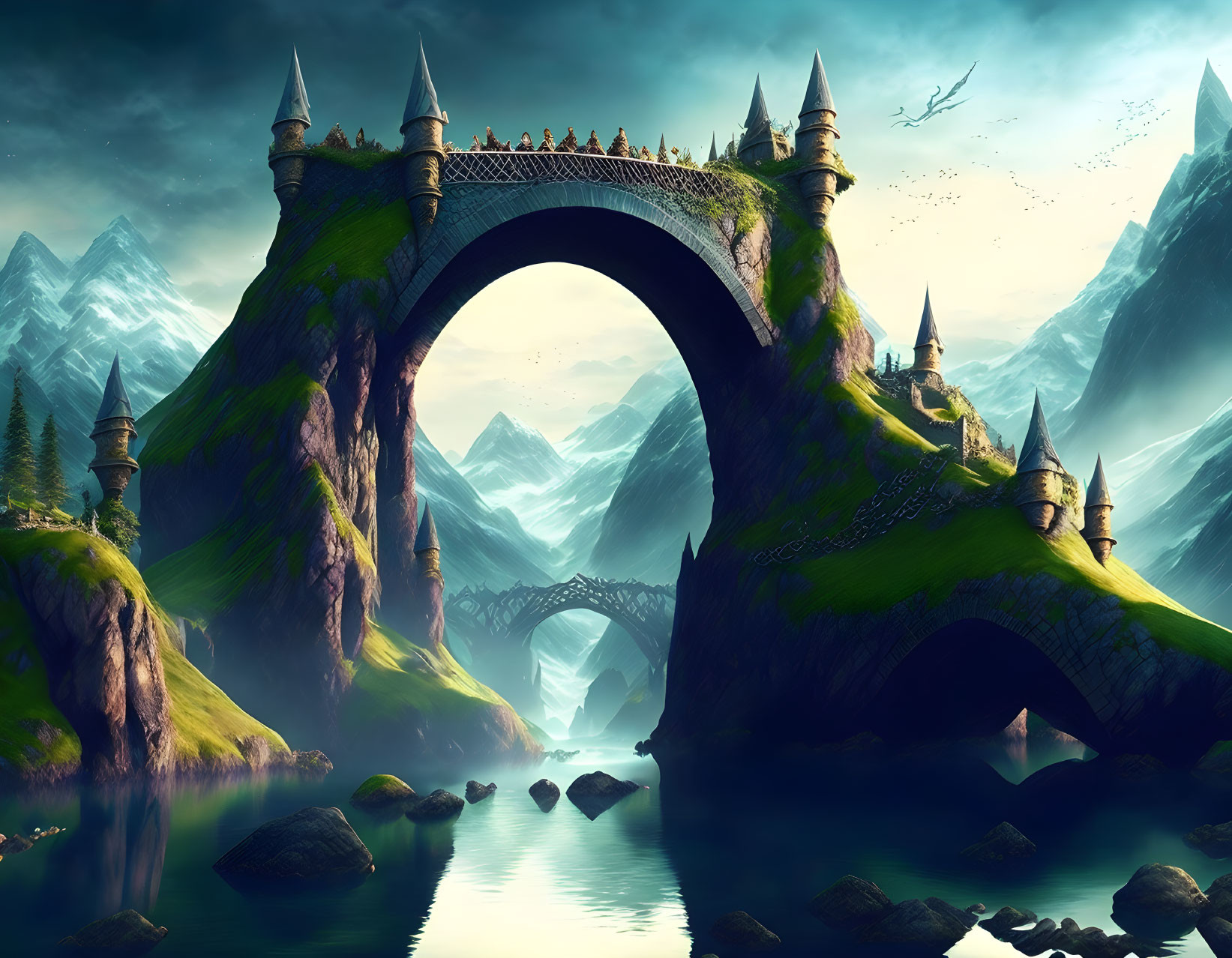 Fantasy landscape featuring towering arch bridge and majestic mountains.