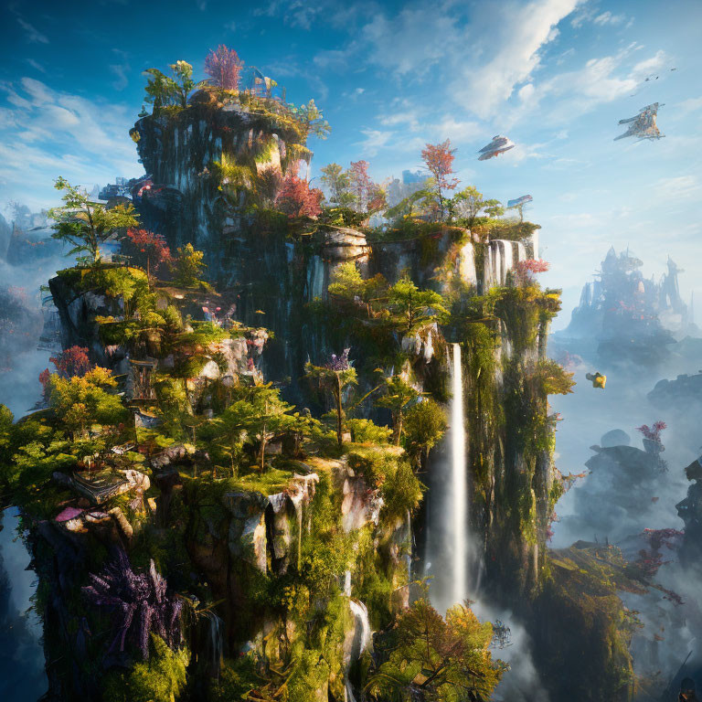 Majestic floating island with lush greenery and futuristic airships