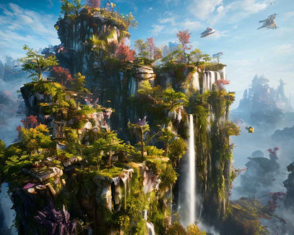Majestic floating island with lush greenery and futuristic airships