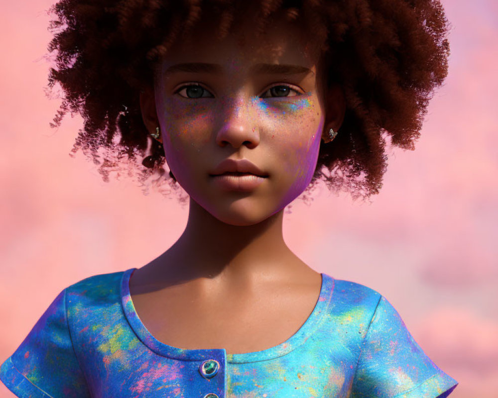 Young girl with curly hair and freckles in colorful shirt on pastel background
