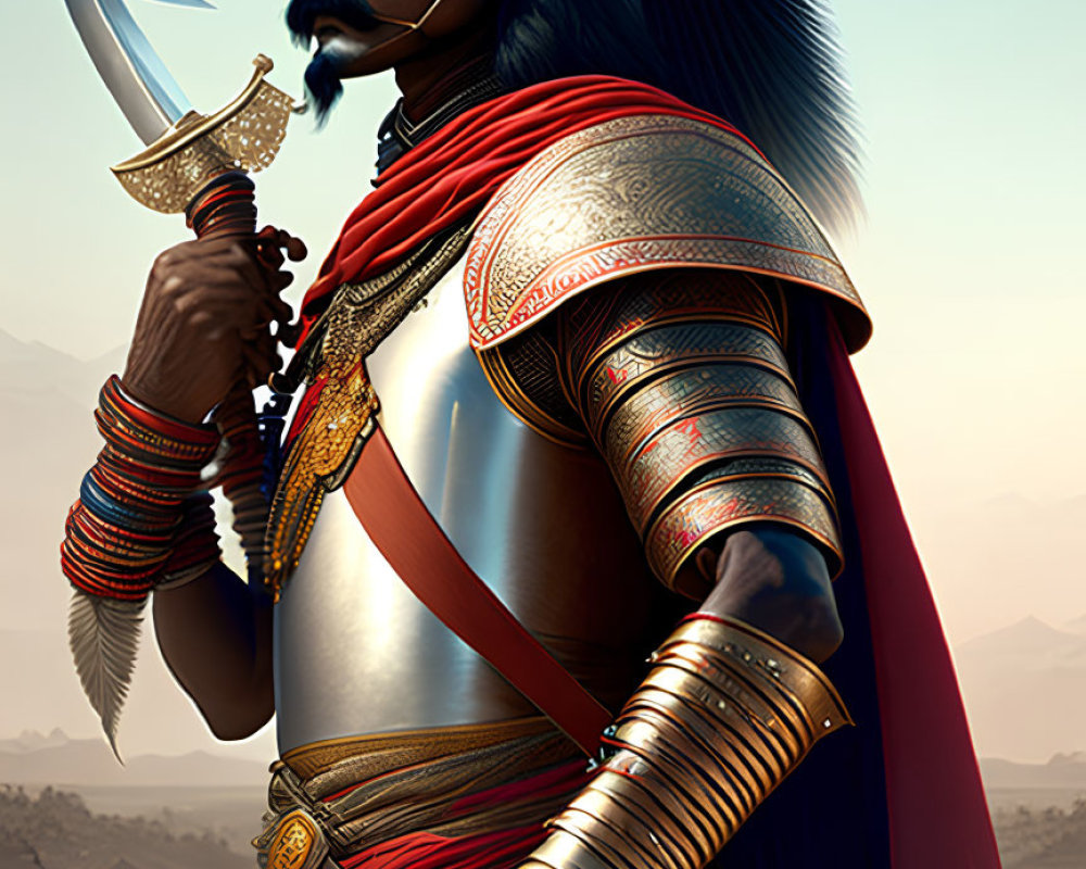 Detailed illustration of majestic warrior in traditional armor wielding talwar, with red turban and feathers, in