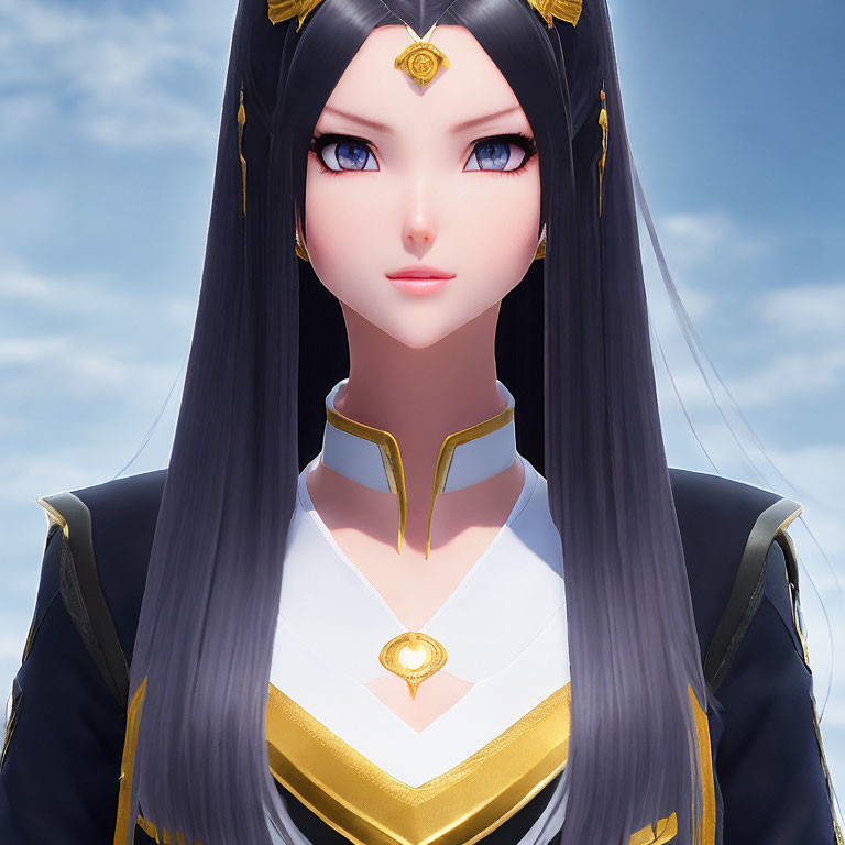 Digital artwork: Female character with long black hair, blue eyes, black and white outfit with gold accents