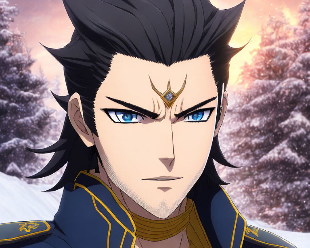 Animated character with spiky black hair, blue eyes, and military uniform in snowy setting