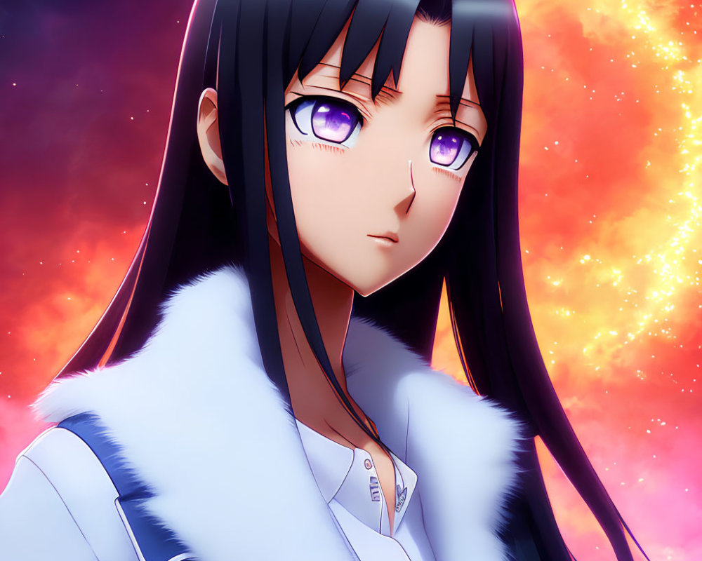 Purple-eyed anime girl with black hair in white fur coat on cosmic backdrop