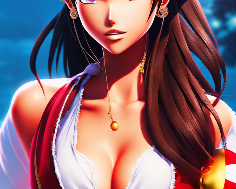 Animated female character with long black hair, red eyes, red hat, gold earrings, white top,