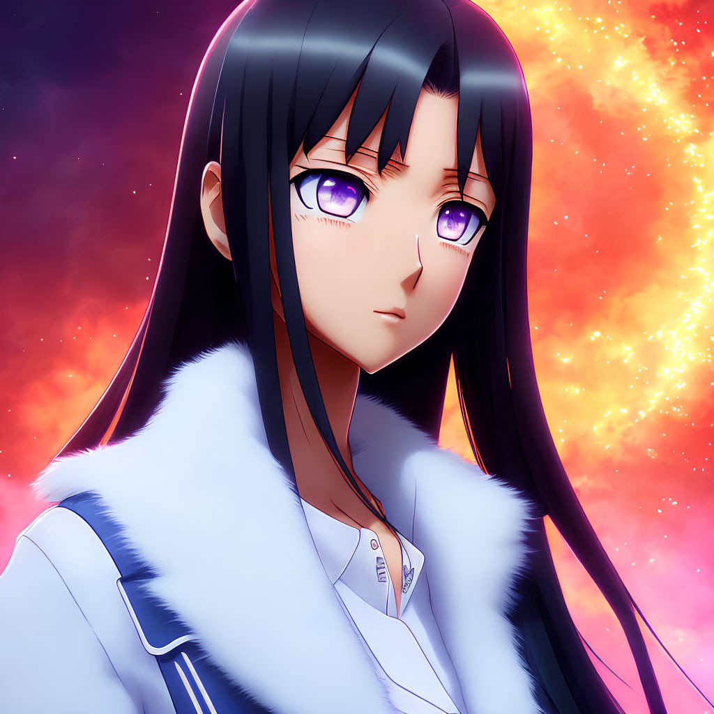 Purple-eyed anime girl with black hair in white fur coat on cosmic backdrop