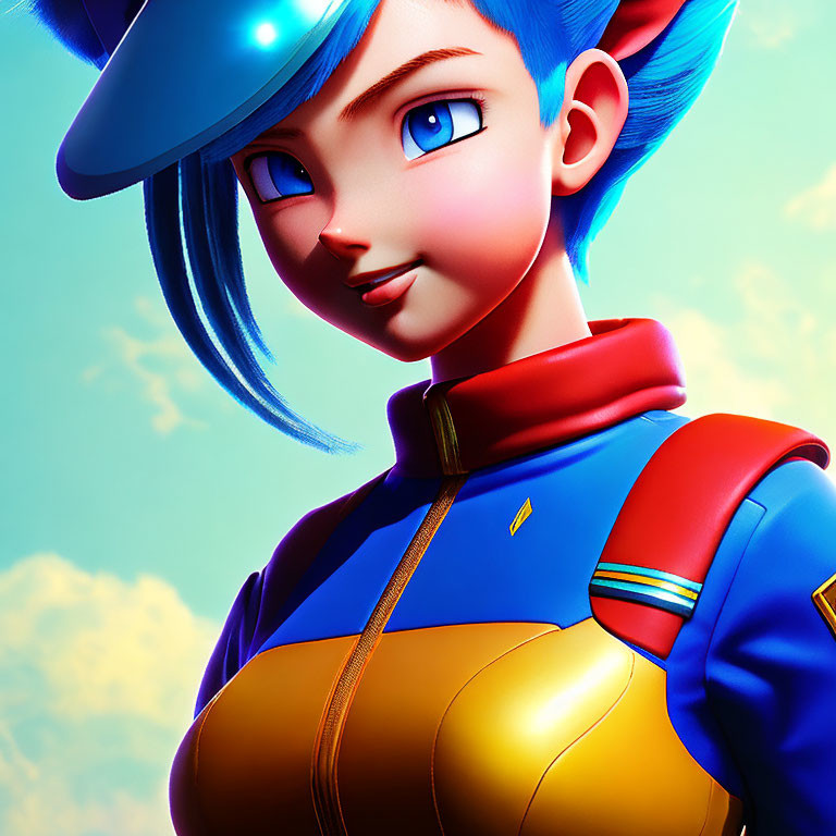 Blue-haired animated character in futuristic suit with striking blue eyes and red accents on sky-blue background
