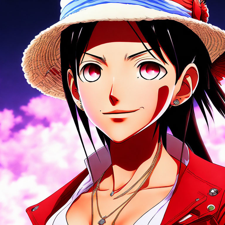 Animated female character with large pink eyes in hat and red vest against pink sky