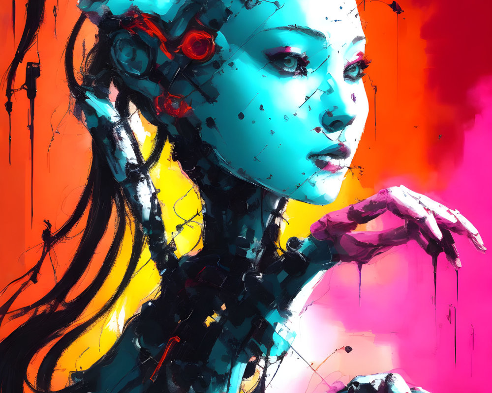 Blue-hued female android with red cybernetic eye details on red and yellow backdrop