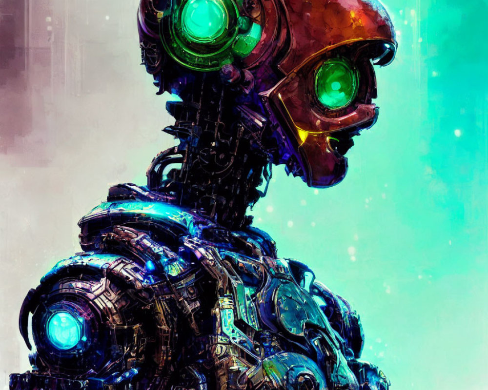 Detailed mechanical robot with glowing green eyes on colorful backdrop