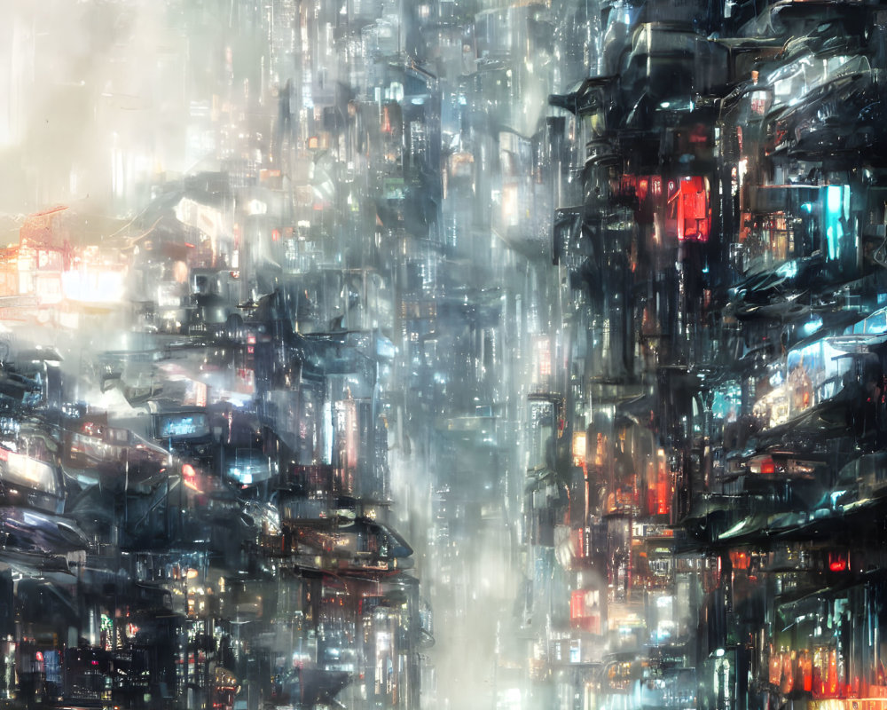 Futuristic cityscape with layered neon architecture in misty ambiance