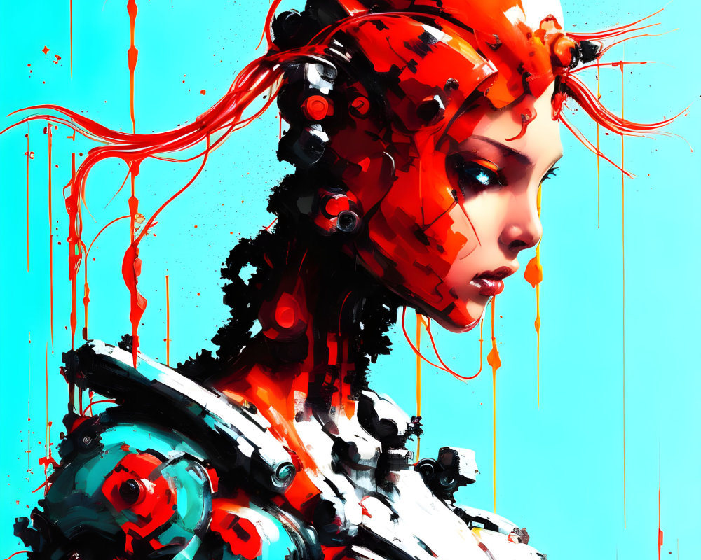 Female cyborg digital artwork with orange hair and mechanical details on turquoise backdrop with red accents