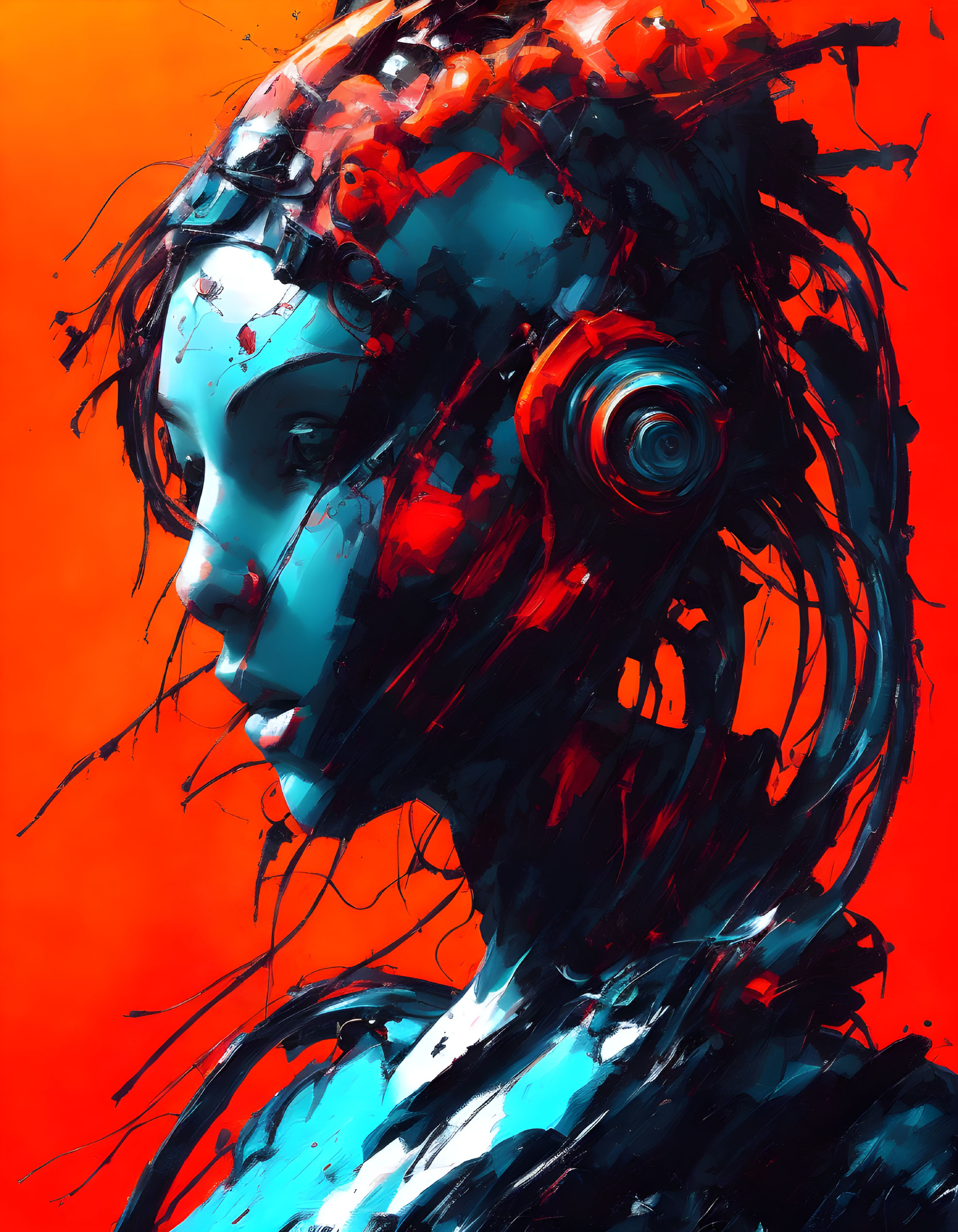 Colorful digital artwork of female figure with cybernetic elements in red and blue.