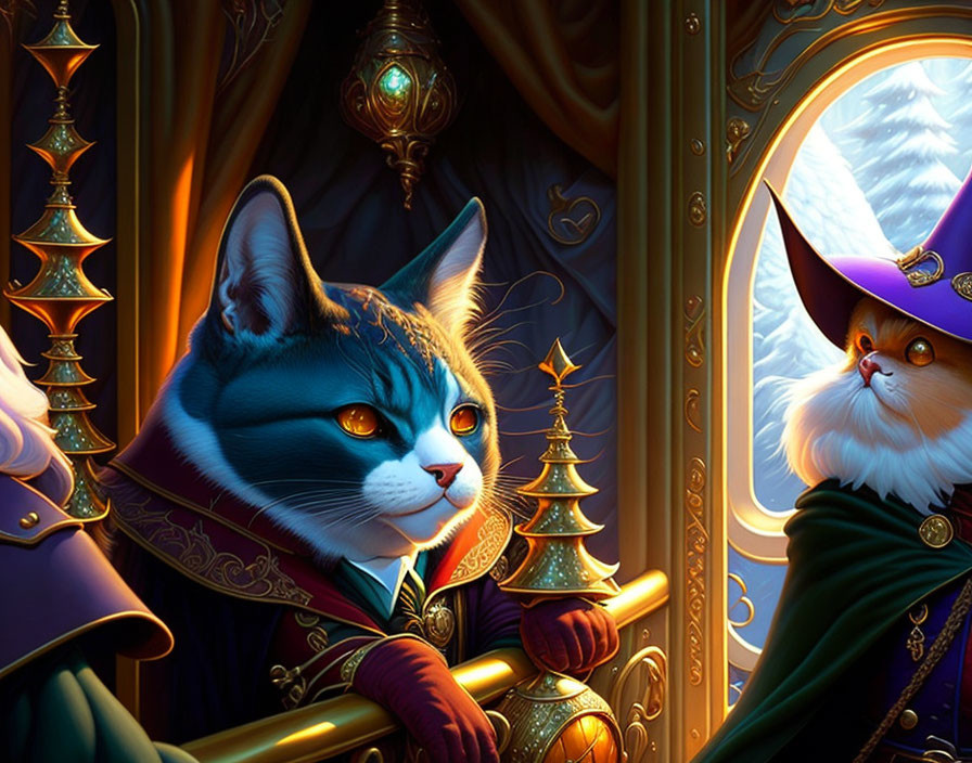 Regal anthropomorphic cats in ornate setting with scepter and wizard hat.