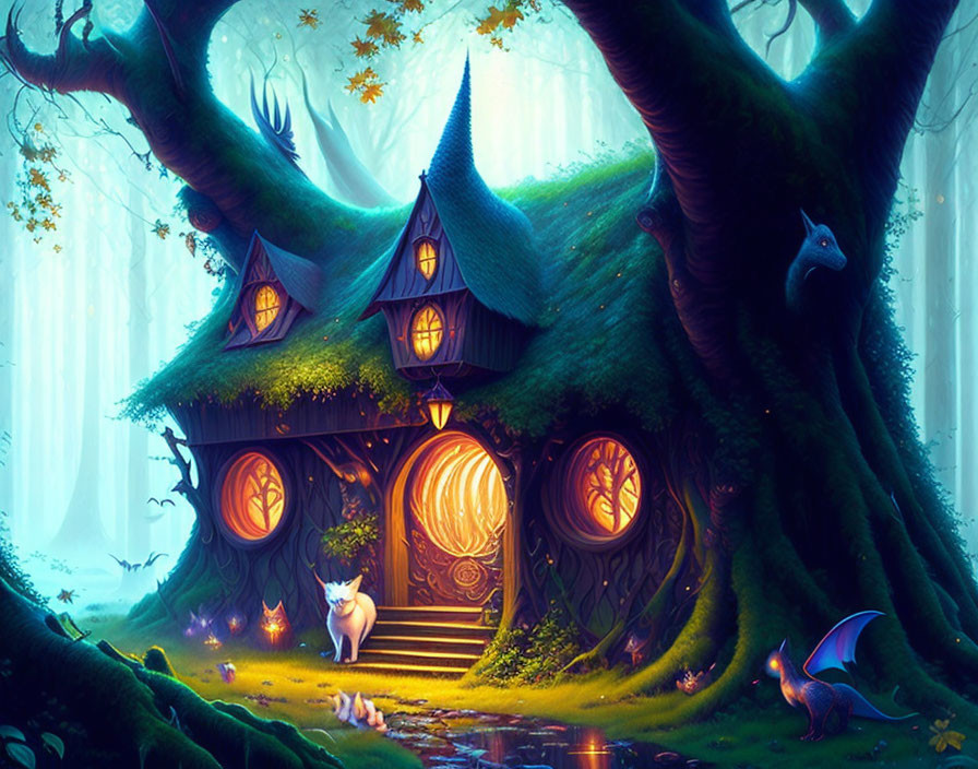 Mystical treehouse in enchanting forest with glowing windows, cat, and magical creatures