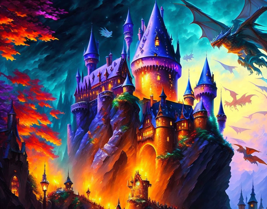 Fantasy artwork: Majestic castle on cliff with flying dragon