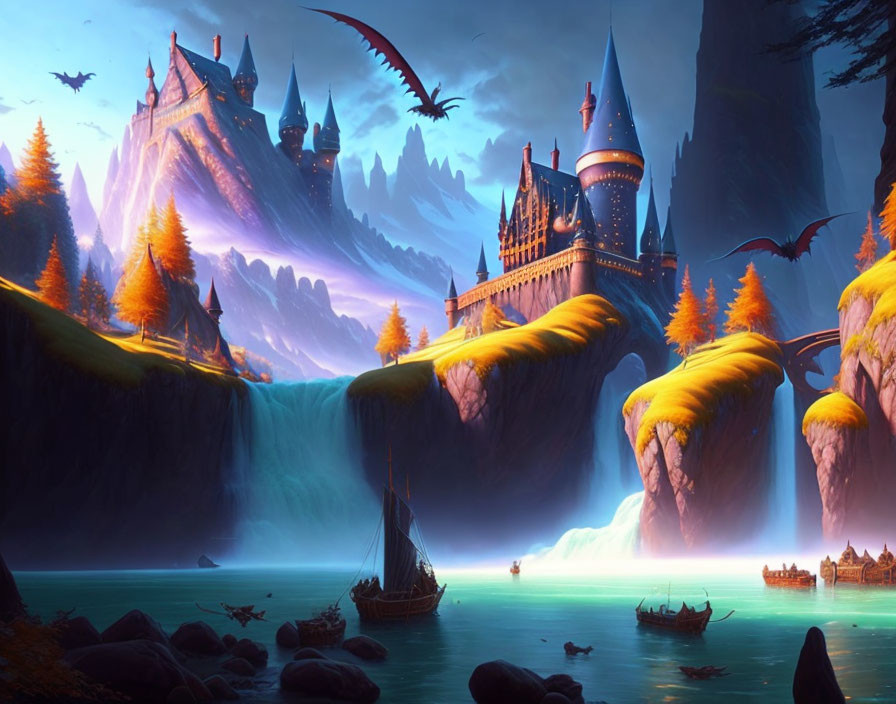 Majestic fantasy landscape with castle, waterfall, autumn trees, and flying dragons