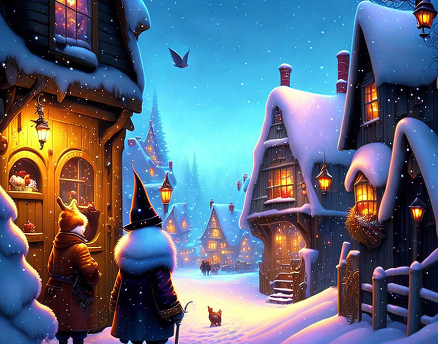 Snowy village at night: Warmly lit houses, figures in winter clothes, small animal on cob