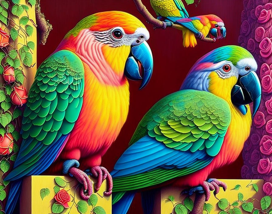 Vibrant Parrots Illustration with Colorful Feathers and Floral Background
