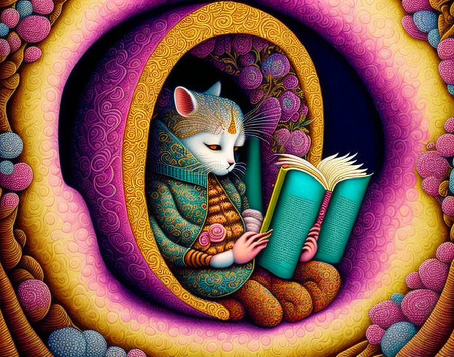 Colorful anthropomorphic mouse reading a book in vibrant swirls