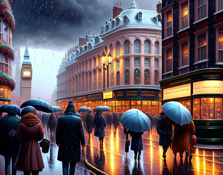 City street scene: pedestrians with umbrellas in evening rain.