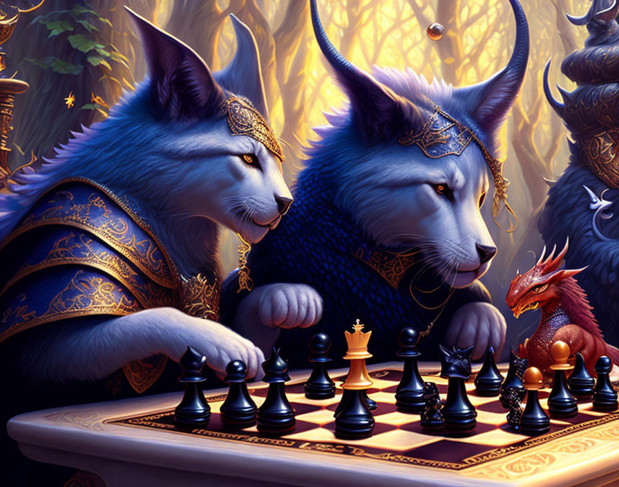 Regal anthropomorphic wolves playing chess with a red dragon.