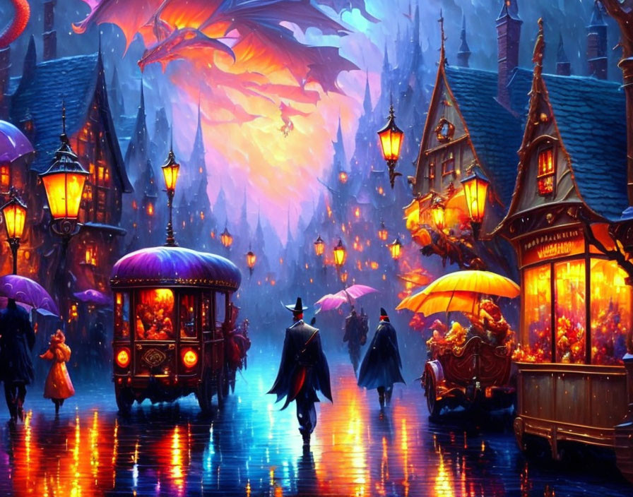 Fantastical street scene at dusk with illuminated stalls and dragon silhouette