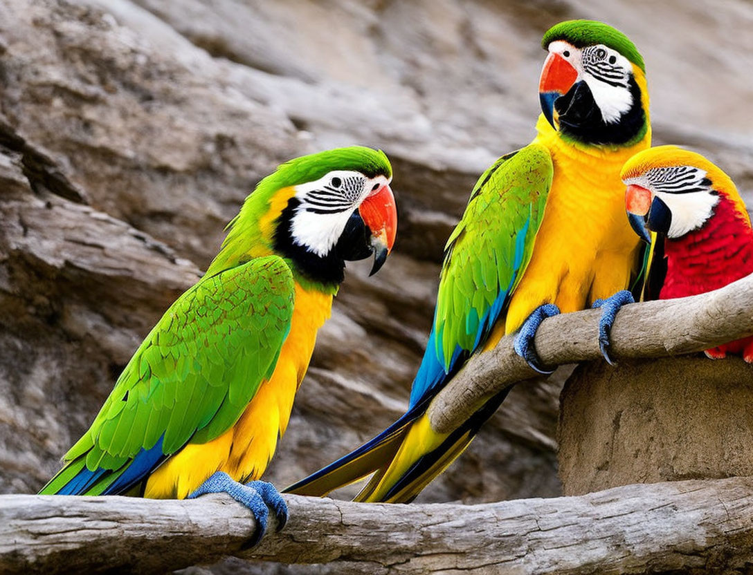 Vibrant colorful macaws perched on branch interacting