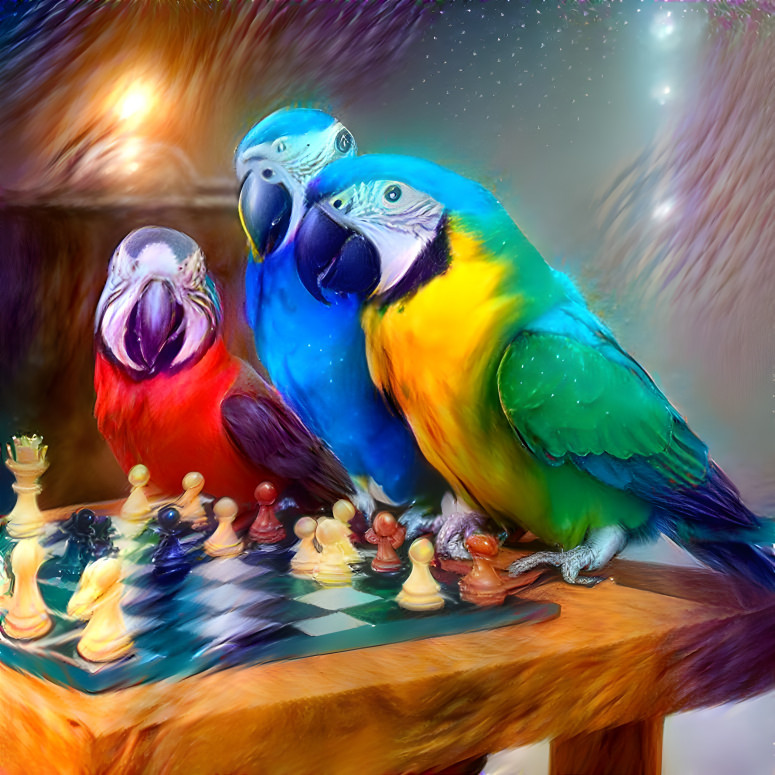 Parrots playing chess in the fantasy/dream style