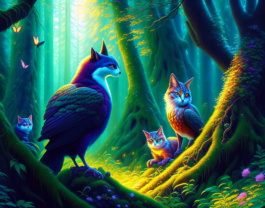 Enchanted forest with stylized animals in vibrant colors