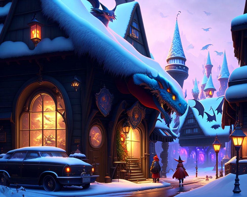 Snow-covered medieval buildings, person, classic car, and dragons in whimsical winter scene