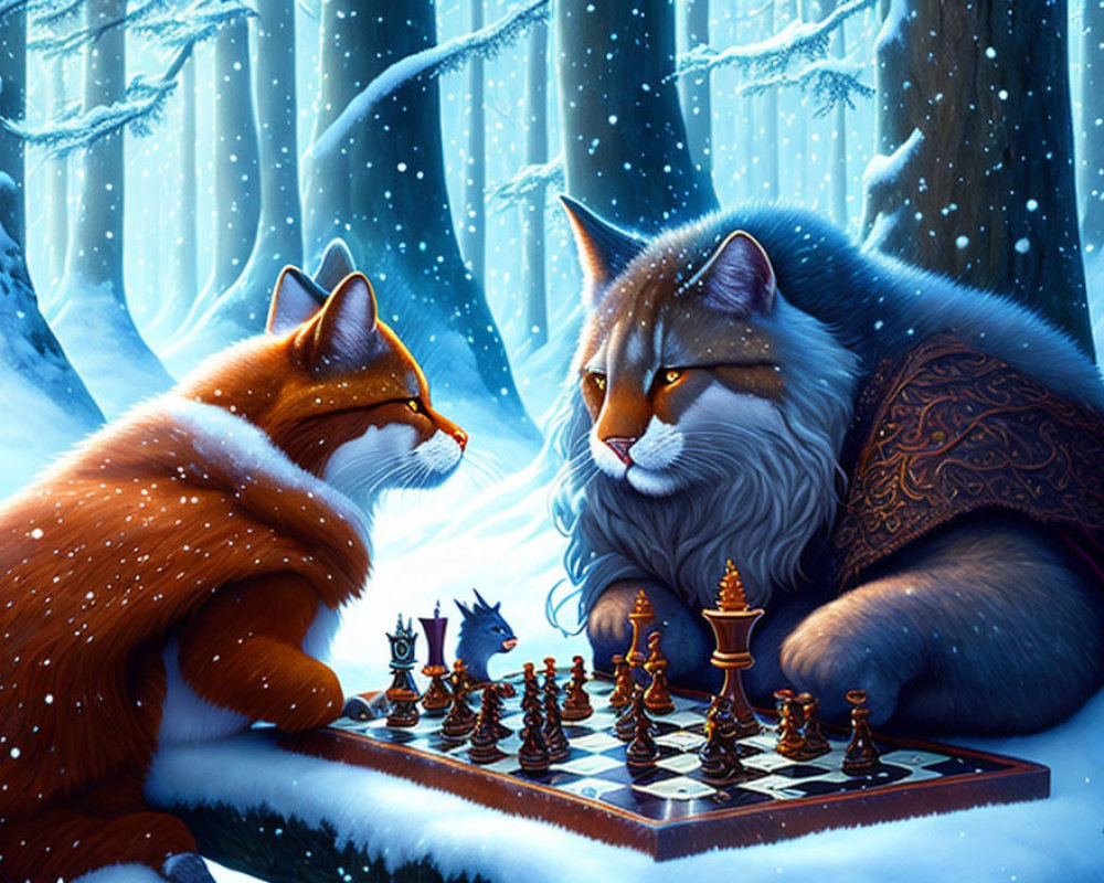 Anthropomorphic cats playing chess in enchanted snowy forest