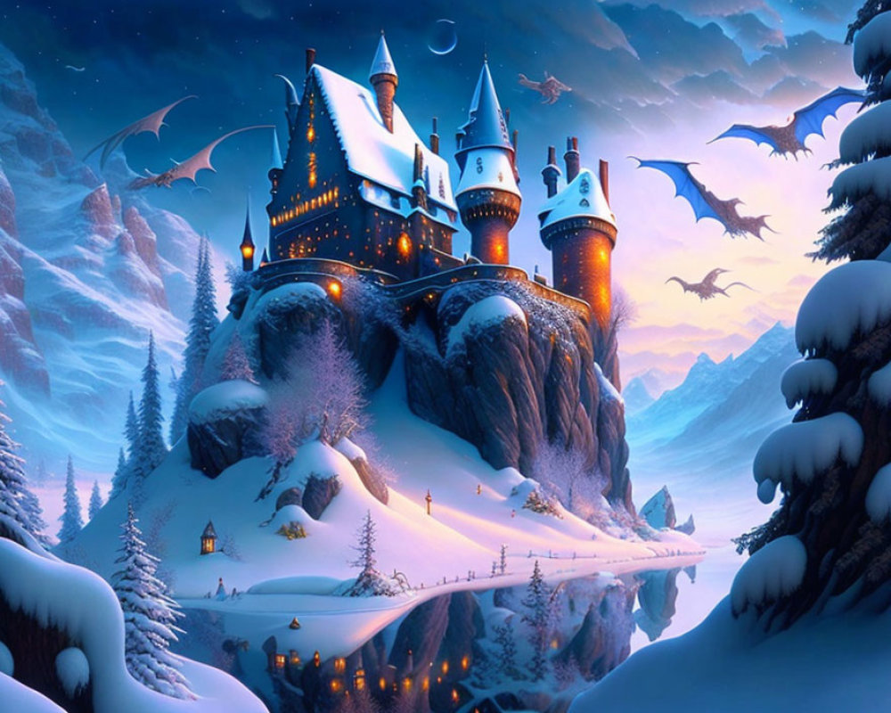 Snowy cliff castle with dragons in twilight sky