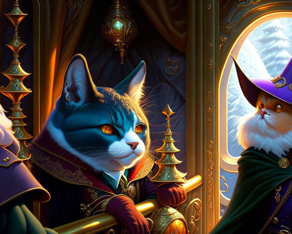 Regal anthropomorphic cats in ornate setting with scepter and wizard hat.