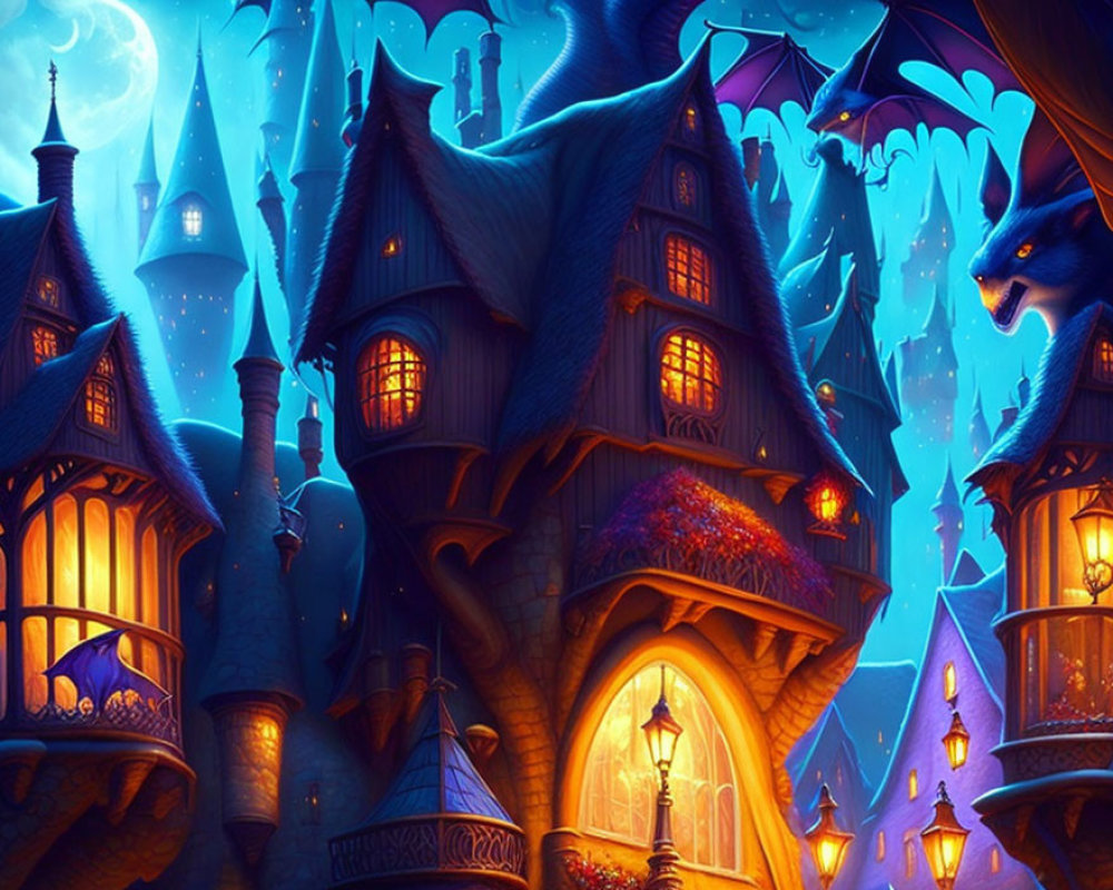 Fantasy castle illustration with glowing windows and magical forest