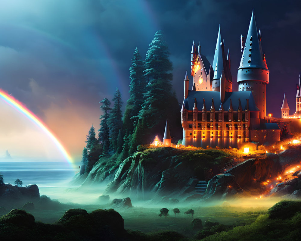 Fantastical castle on cliff with spires, lush trees, rainbow, mist, and starry