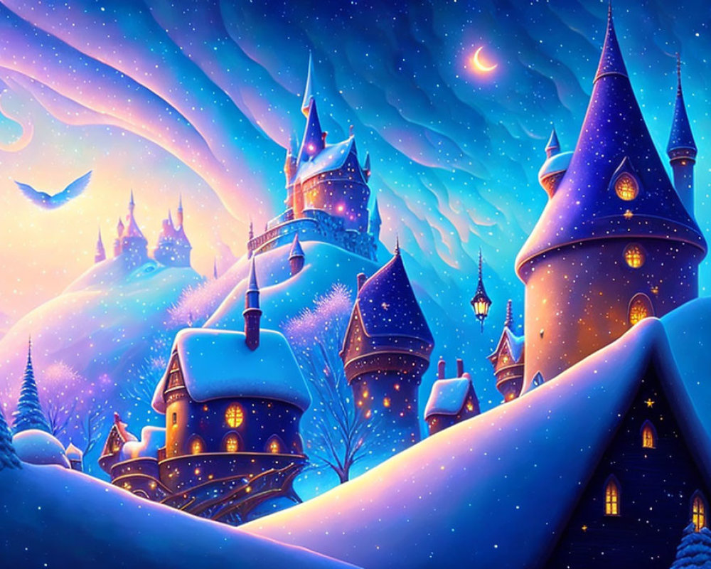 Majestic purple castle in snowy winter night landscape