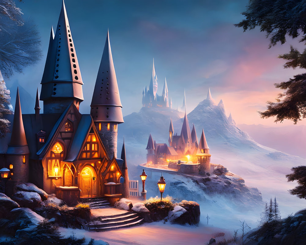 Enchanting castle with spires on snowy cliff at twilight