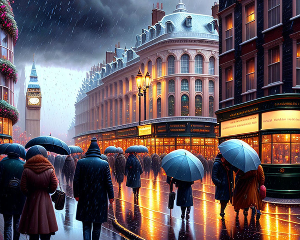 City street scene: pedestrians with umbrellas in evening rain.