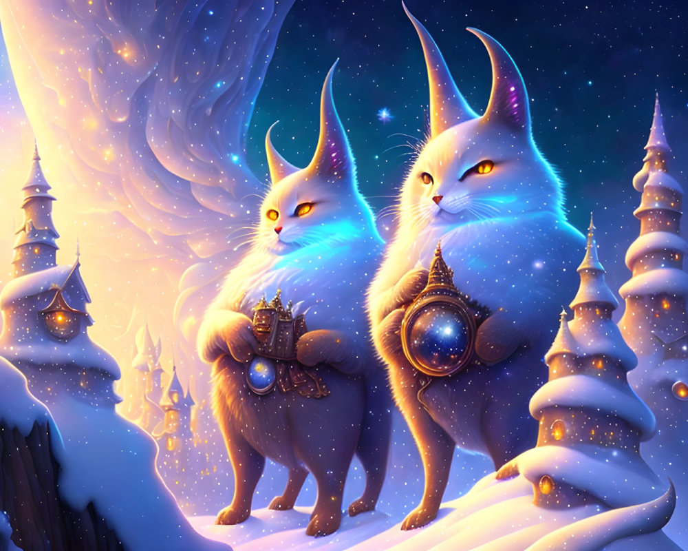 Mystical glowing-eyed cats in snowy starlit landscape