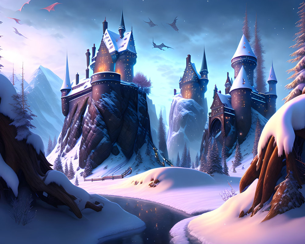Majestic castle in snowy winter landscape with dragons at twilight
