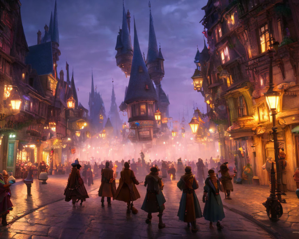 Twilight city scene with cloaked figures and whimsical architecture