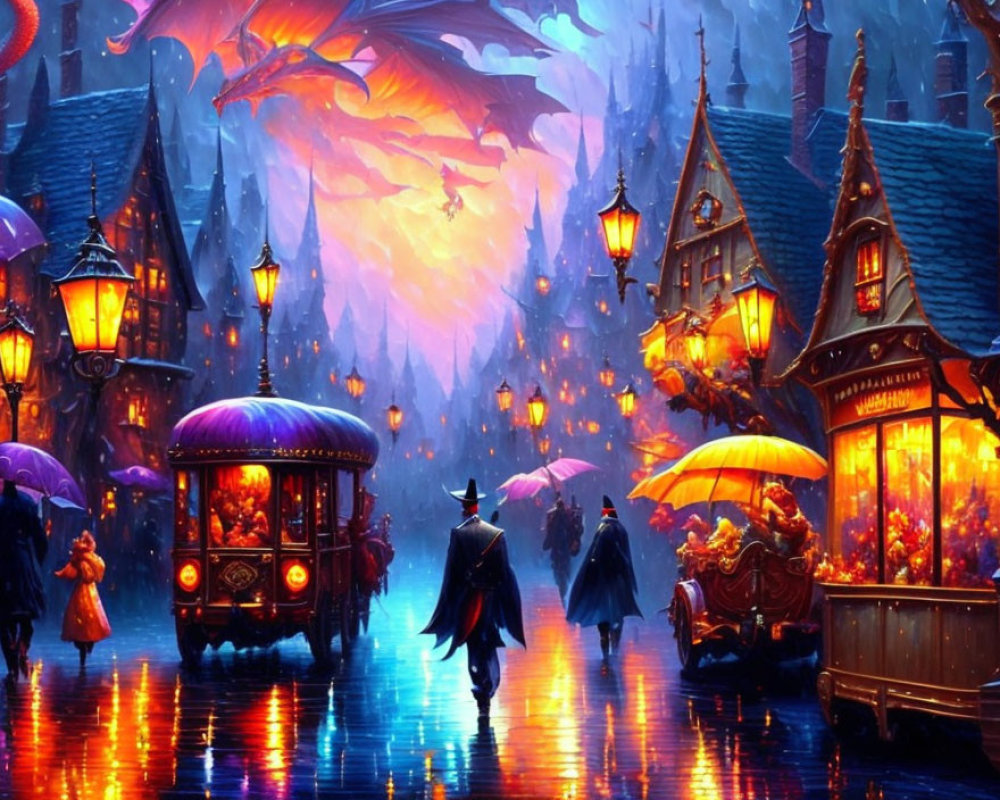 Fantastical street scene at dusk with illuminated stalls and dragon silhouette