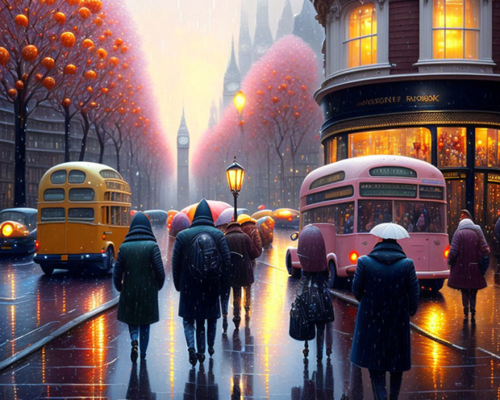Pedestrians with umbrellas on wet London street at dusk, pastel buses, Big Ben,