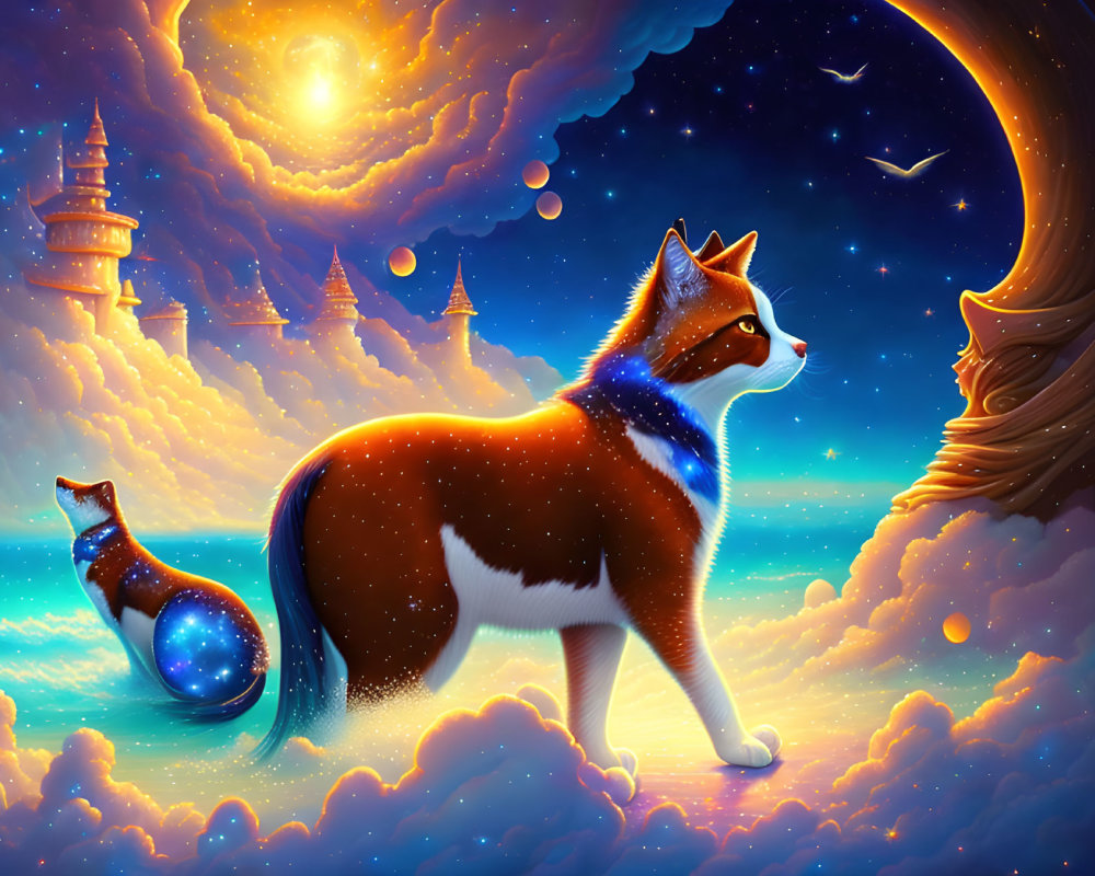 Majestic cat with cosmic fur in fantasy landscape