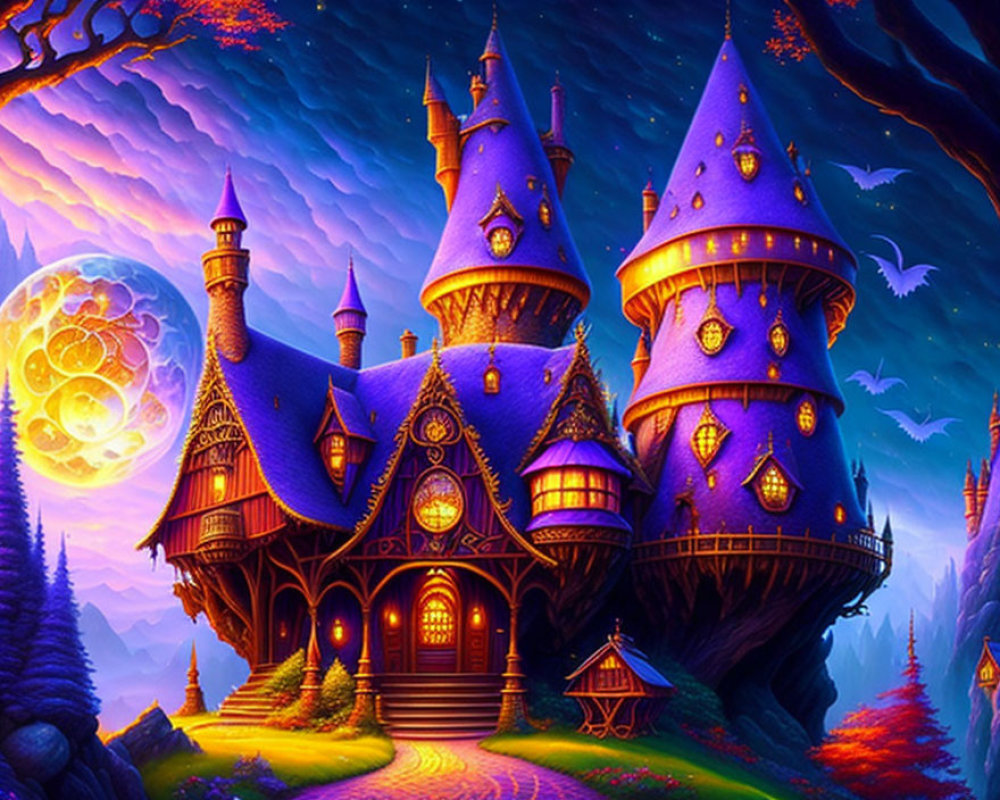 Purple and Gold Fairy-Tale Castle Night Scene Illustration