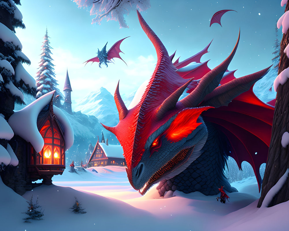 Red dragon in snowy fantasy landscape with flying dragons and village at dusk