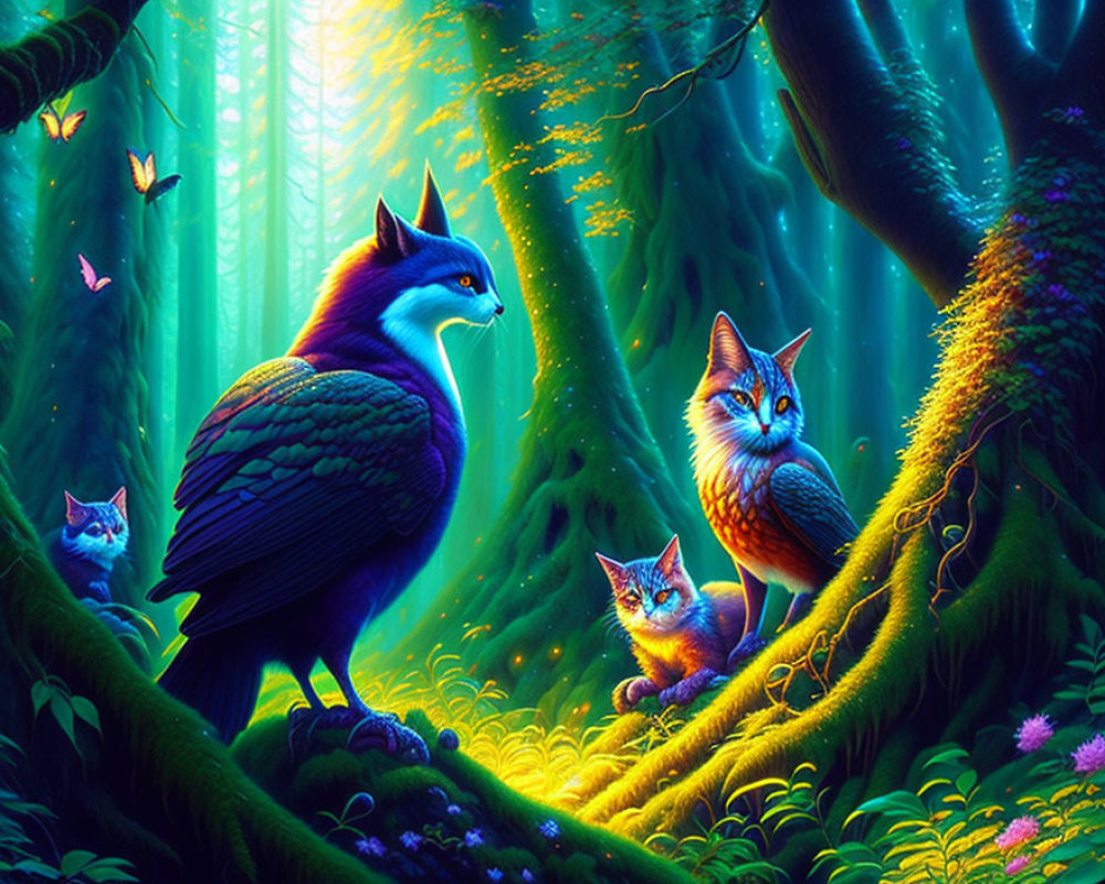 Enchanted forest with stylized animals in vibrant colors