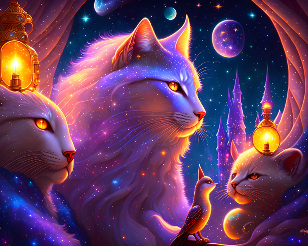 Celestial-themed large cats and bird in mystical starlit scene